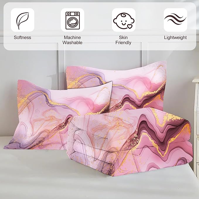 Marble Pink Gold Comforter Sets Full Pale Pink Chic Bedding Set for Girls Teens Women Boys Gold Glitter Luxury Marbling Texture Quilt Microfiber Girls Bedding Set for All Age