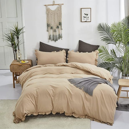 CLOTHKNOW Champagne Ruffles Queen Comforter Set 3Pcs Farmhouse Bedding Comforter Sets Soft Tan Comforter Khaki Comforter with 2 x Pillow Cases