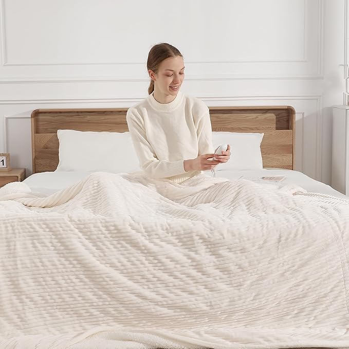 Electric Blanket Full Heated Blanket Full Size- Striped Flannel & Thick Sherpa, 5 Heat Settings & 10 Hour Auto Off with FCC/ETL Certified, Overheat Protection & Machine Washable, White 72"x84"