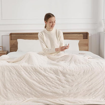Electric Blanket Full Heated Blanket Full Size- Striped Flannel & Thick Sherpa, 5 Heat Settings & 10 Hour Auto Off with FCC/ETL Certified, Overheat Protection & Machine Washable, White 72"x84"