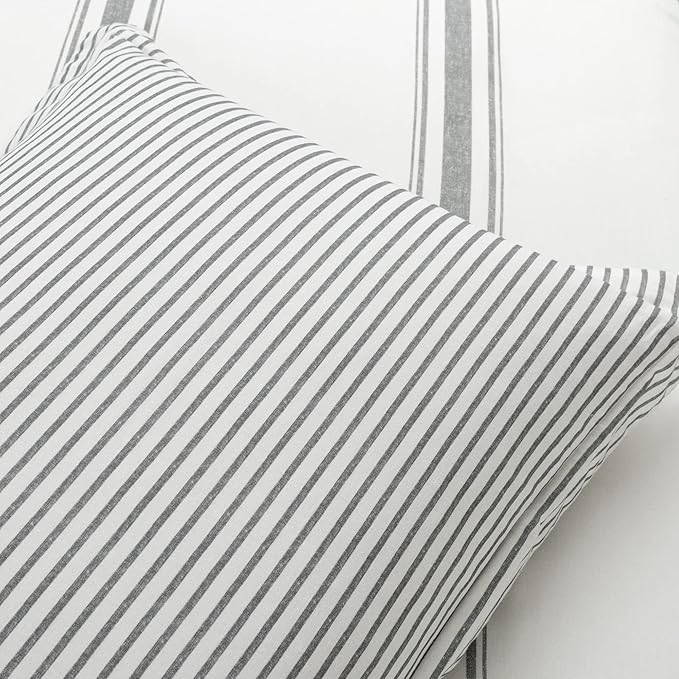Lush Decor Farmhouse Stripe Reversible Cotton Comforter Set - 3 Piece Cozy Pinstripe Bedding Set - Classic Modern Rustic Charm Bedroom Decor - King, Dark Gray