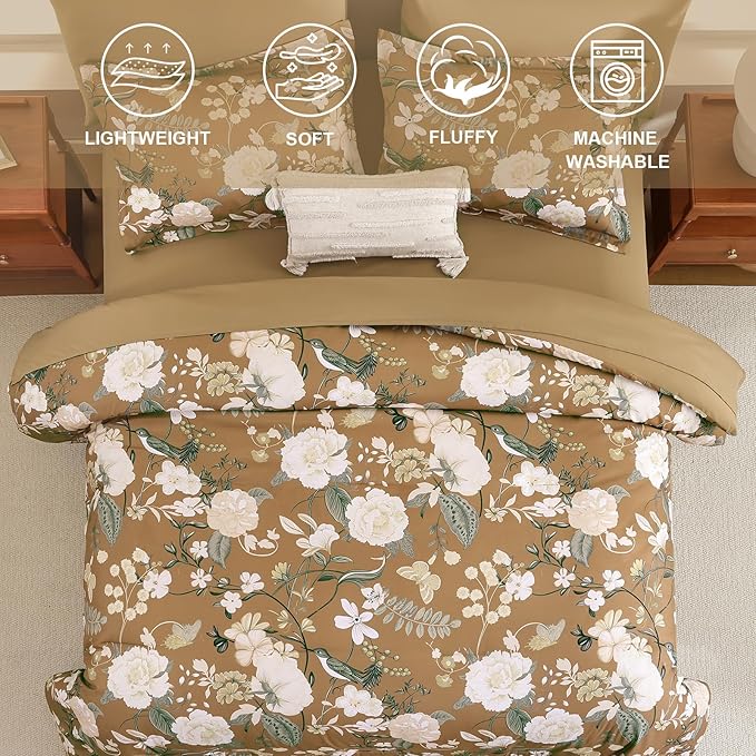 Anibedding 7Pieces Floral Queen Size Comforter Set, Garden Plant Style Bed in a Bag Brown White Flower Bedding Comforter Set with Pillow Case for Bedroom