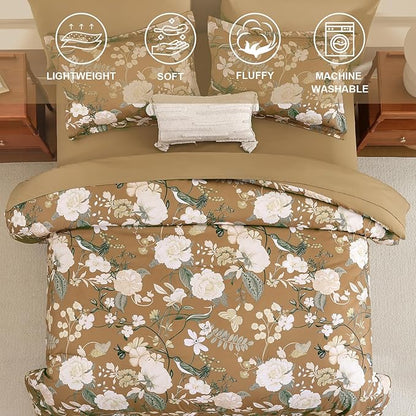 Anibedding 7Pieces Floral Queen Size Comforter Set, Garden Plant Style Bed in a Bag Brown White Flower Bedding Comforter Set with Pillow Case for Bedroom
