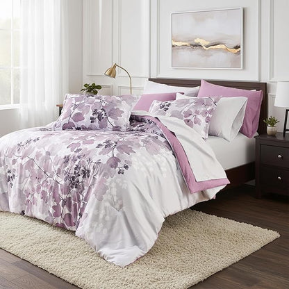King Comforter Set Purple Bed Set, 9 Pieces Cute Floral Bedding Set Ultra Soft Botanical Flowers Comforter, Sheets, Pillowcases & Shams