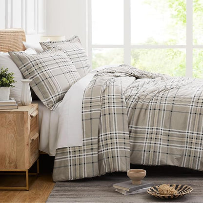 Southshore Fine Living, Inc. 3-Piece California King Size Comforter Set with 2 Pillow Shams, Cozy Double Brushed Microfiber, Down Alternative Plaid Comforter, King/California Size, Mocha Beige Plaid