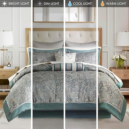 Madison Park Aubrey Cozy 12 Piece Comforter Set & Sheet, Luxe Faux Silk Jacquard Paisley Design - All Season Down Alternative Bedding with Cotton Bed Sheets, Bedskirt, Toss Pillows, King Teal
