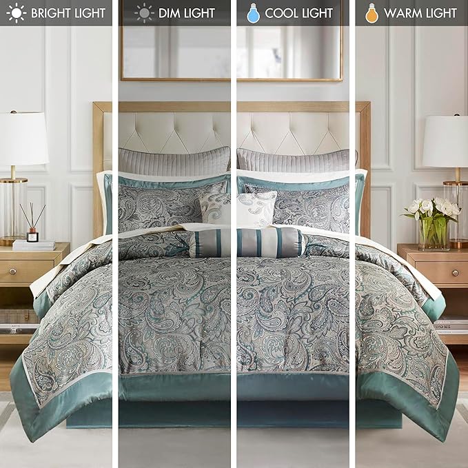 Madison Park Aubrey Cozy 12 Piece Comforter Set & Sheet, Luxe Faux Silk Jacquard Paisley Design - All Season Down Alternative Bedding with Cotton Bed Sheets, Bedskirt, Toss Pillows, Queen Teal