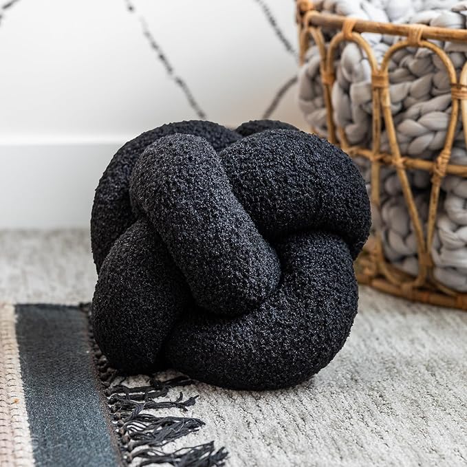 SAMIAH LUXE Black Knot Pillow Ball 12" for Home Decor Living Room, Teddy Boucle Knotted Black Decorative Pillow for Couch, Knot Throw Pillows for Living Room Decor, Sensory Knotted Circle Pillows