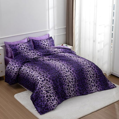 A Nice Night Leopard Printed,Silver Grey Satin Silky Soft Quilt Sexy Luxury Super Soft Microfiber Comforter Quilt Bedding 5PCS Comforter Set, Light Weighted (Purple, Queen(88-by-88-inches))
