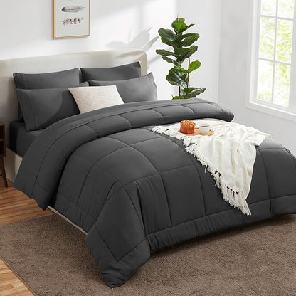 CozyLux Twin Comforter Set with Sheets Dark Grey, 5 Pieces Bed in a Bag, Dark Gray Comforter Twin Size, All Season Bedding Set with Stitch Quilted Comforter, Flat Sheet, Fitted Sheet, Pillowcases