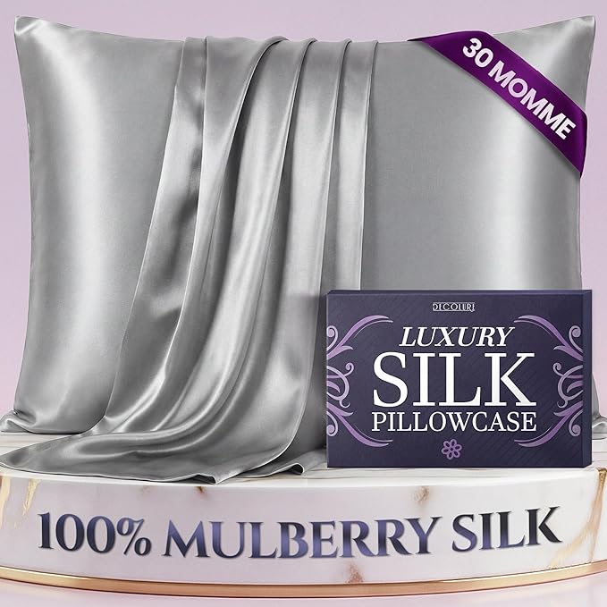 DECOLURE 100% Pure Mulberry Silk Pillow Case Queen Size – Highest Grade 30 Momme 6A+, Luxuriously Soft & Cooling Silk Pillowcase for Hair & Skin, Hypoallergenic, Breathable, Hidden Zipper (Silver)