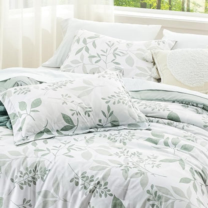 Bedsure Comforter Set Full Size - Cute Floral Bedding Comforter Set, 3 Pieces, 1 Soft Reversible Sage Green Botanical Flowers Comforter and Pillow Shams
