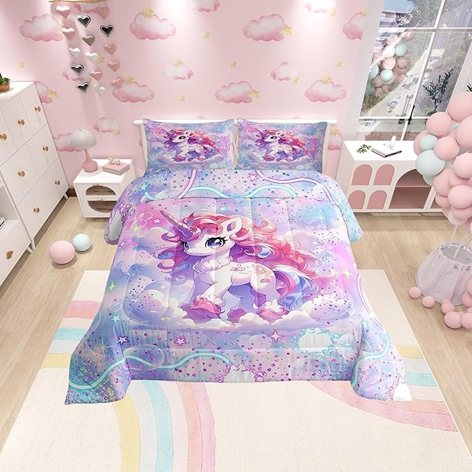 Kawaii Unicorn Bedding Set Full Size Colorful Glitter Sky Galaxy Comforter Set for Girls Kids Teens Cartoon Dream Fairy Tale Style Quilted Duvet Set Room Decor 3Pcs,Reversible Colorful