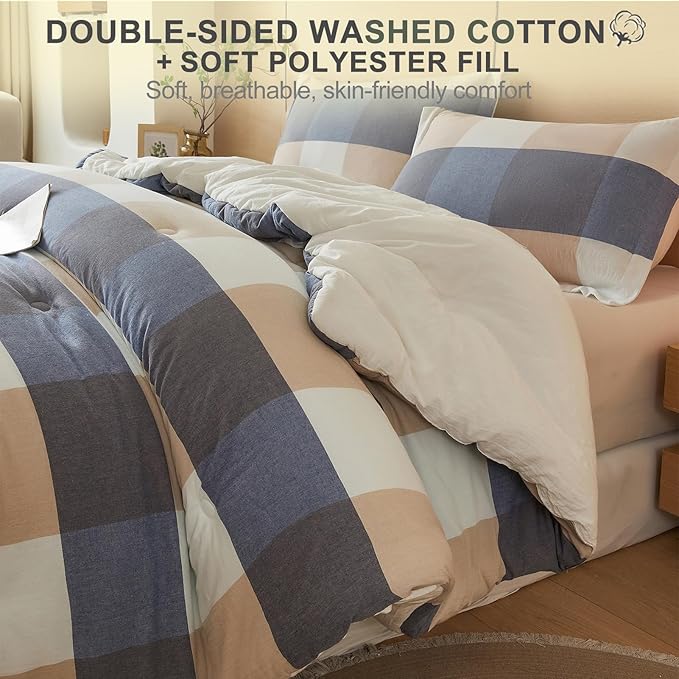 100% Cotton Comforter Set King Size – Reversible Yarn-Dyed Checkered Design, Soft Washed Cotton on Both Sides, Lightweight All-Season Bedding, Machine Washable(Blue White Plaid, 104”x90”)