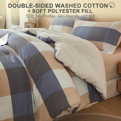 100% Cotton Comforter Set King Size – Reversible Yarn-Dyed Checkered Design, Soft Washed Cotton on Both Sides, Lightweight All-Season Bedding, Machine Washable(Blue White Plaid, 104”x90”)