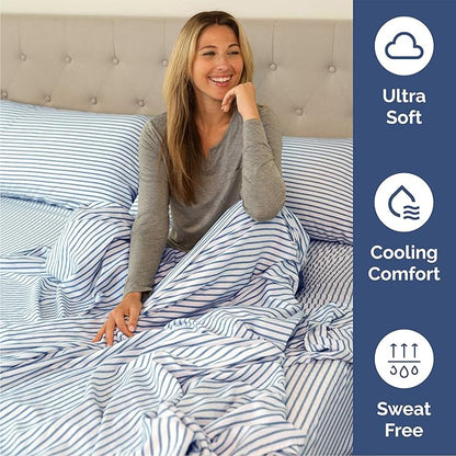 Queen 6 Piece Sheet Set - Comfy Breathable & Cooling - Soft Hotel Luxury Bedding Set with 8-16 Inch Deep Pockets - 1 Flat & 1 Fitted Sheet & 4 Pillowcases - Wrinkle Free & Easy Care - Blue Stripes 2