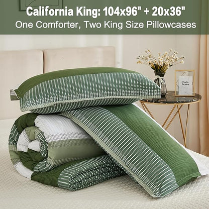 Litanika Olive Green Comforter Set California King - 3 Pieces Lightweight Olive Green White Colorblock Stripe Fluffy Bedding Comforter Sets, All Season Bed Set