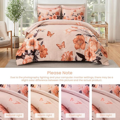 Floral Comforter Set Queen Size,7 Piece Orange Bed in a Bag, Elegant Flower Pattern Comforter Set with Sheet, Soft Microfiber Complete Bedding Sets for All Season