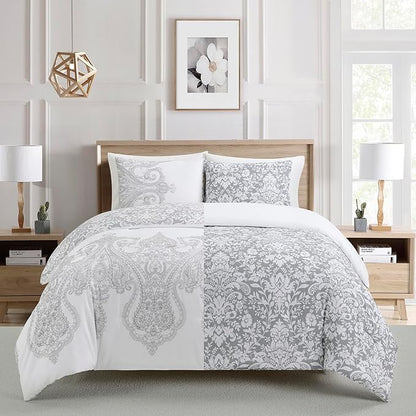 Sunshine Nicole Reversible Comforter Set, Brushed Microfiber Fabric with Embroidery for Front and Printed Microfiber Fabric for Reverse, 3 Pieces Grey White King