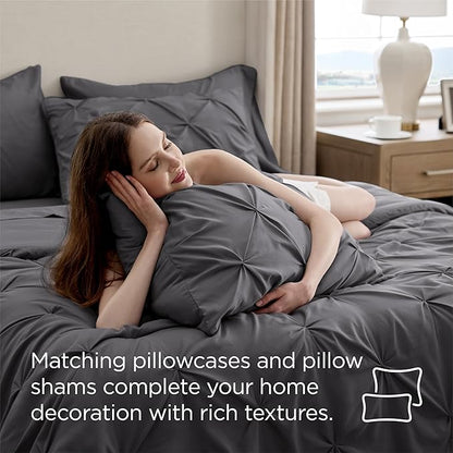 Bedsure King Size Comforter Set Dark Grey - Bed in a Bag Bedding Set 7 Pieces, GentleSoft™ Pintuck Bed Set Gift for Family, Pinch Pleat Dark Grey Comforter with Sheets, Pillowcases & Shams