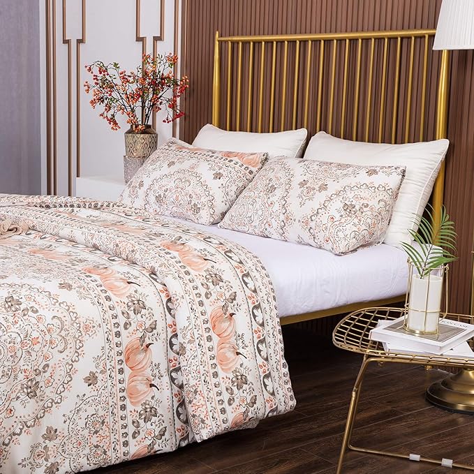 CLOTHKNOW Brown Floral Queen Comforter Set Botanical Bedding Comforter Sets Boho Comforter Pumpkin Comforter Queen with 2 x Pillow Cases