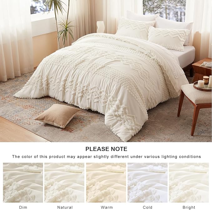 Luxudecor Boho Tufted Comforter Set King Size 3 Pieces White Shabby Chic Comforter Farmhouse Embroidery Bed Set Soft Comforter for All Seasons (White, 104''x90'')