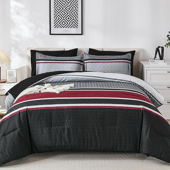 WONGS BEDDING 7 Pieces Comforter Set Queen Size, Black-red Striped Bed in a Bag Comforter and Sheet Set, Black Boho Soft Lightweight Micorfiber Bedding Set for All Season (90"×90")