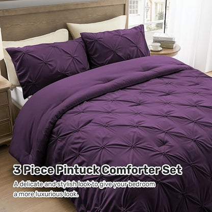 UNIKOME King Size Comforter Set Purple - Ultra Soft Boho Pintuck Down Alternative Bedding Set for All Seasons, 3 Pieces Lightweight Warm Pinch Pleat Bed Set with Comforter, 2 Pillowcases