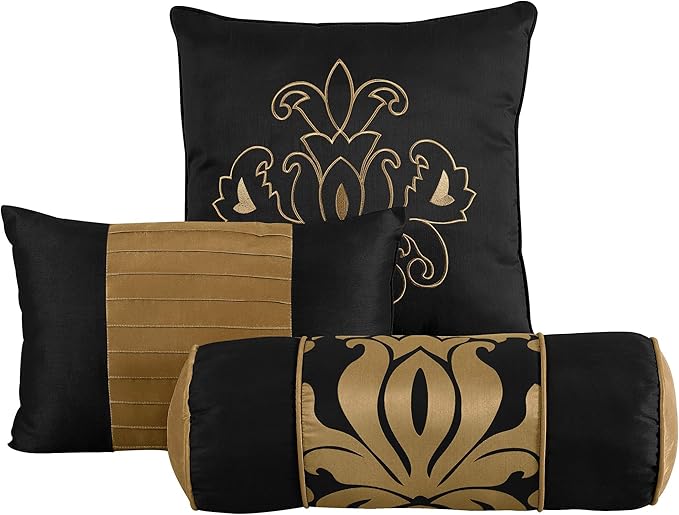 Chezmoi Collection 7-Piece Jacquard Floral Comforter Set/Bed-in-a-Bag Set, King, Black Gold