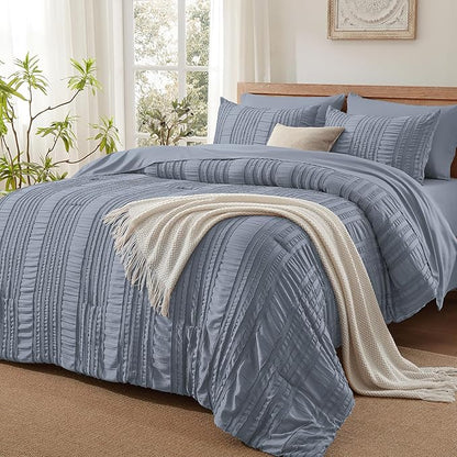 Blue Tufted Comforter Set King Size 7 Piece Bed in a Bag，Shabby Chic Boho Bedding for Bedroom Comforter，All Season Soft Microfiber Ruffle Comforter Set with Pillow and Sheets