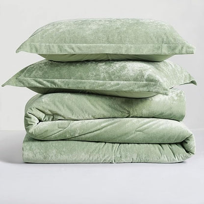 Luxury Velvet King Size Comforter Set, 3 Pieces Reversible Brushed Solid Microfiber Back, All Season Cozy, Soft, Warm (Sage Green,104x90 in)