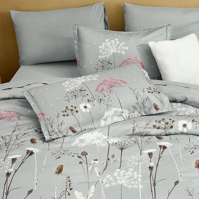 Yiran Grey Floral Comforter Set Queen Size, 7 Piece Spring Dandelion Plant Botanical Comforter Bedding Set, Bed in a Bag Queen, Soft Microfiber Complete Bedding Set with Sheets for All Season