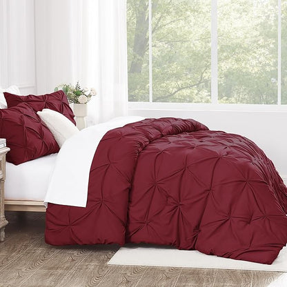 Andency Burgundy Comforter Set Oversized Queen(98x98Inch), 3 Pieces Comforter for Girls Kids, Soft Microfiber Pinch Pleat Comforter Set, All Season Lightweight Bedding Set