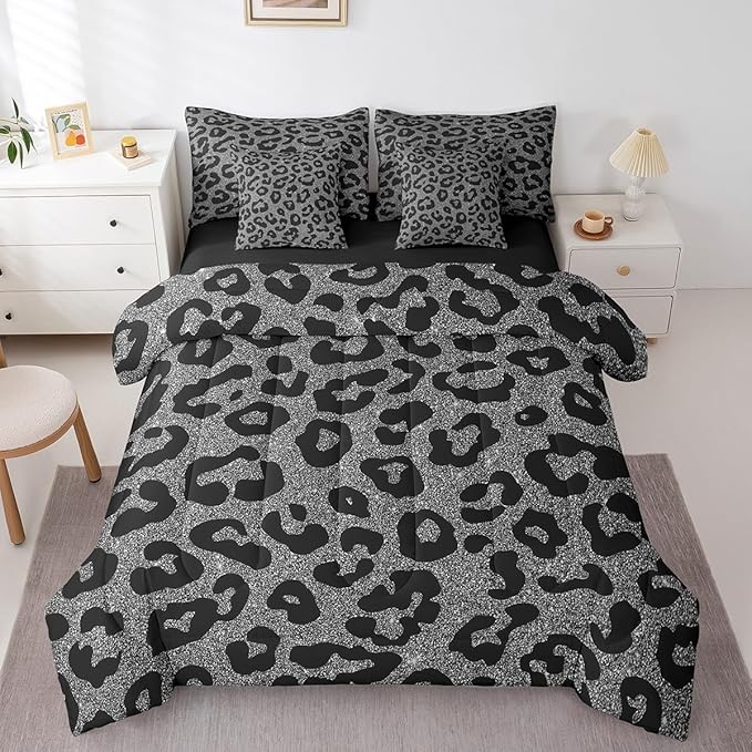 Leopard Print 7 Pieces Comforter Set,Wild Animal Skin Bedding Set King Size for Room Decor,Fashion Ombre Glitter Print Comforter for Boys Girls Adult Super Soft Fade Resistant Microfiber Bedding