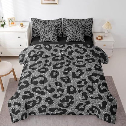 Leopard Print 7 Pieces Comforter Set,Wild Animal Skin Bedding Set King Size for Room Decor,Fashion Ombre Glitter Print Comforter for Boys Girls Adult Super Soft Fade Resistant Microfiber Bedding