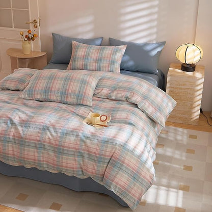 HighBuy Blue Gingham Comforter Set King Plaid Checkered Pattern Bedding Comforter Set 3 Pieces Grid Gingham Print Comforter Set 1 King Comforter with 2 Pillowcases Chic Modern Plaid Bedding