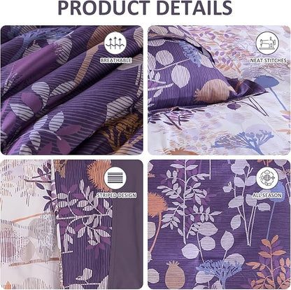 Anibedding Full Size Comforter Set, Purple Botanical Bed in a Bag Complete Set with Sheet Pillowcase for Kid's Bedroom All Season