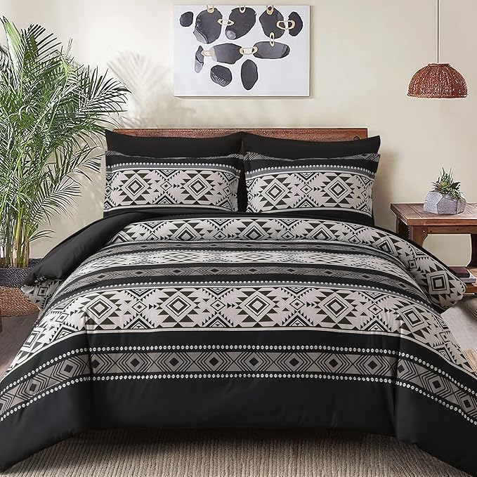 Anibedding Black King Size Comforter Set,7 Pieces Boho Striped Bed in a Bag Aztec Western Bedding Set, Soft Microfiber Farmhouse Bed Comforter Set for All Season