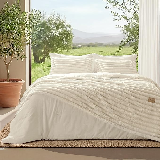 Bedsure Gentlesoft 2-in-1 Queen Comforter Set and Detachable Fluffy Blanket, Cream White Bedding Set for All Season Use, SnapTech Design for Space Saving (Includes 2 Pillow Shams, 2 Pillowcases)