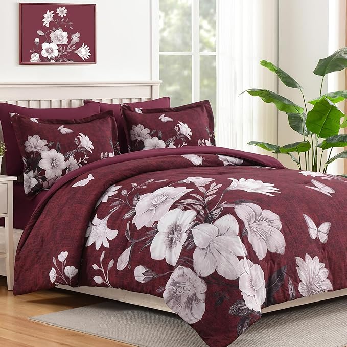 Floral Comforter Set Queen Size, 7 Pieces Burgundy Bed in a Bag, Elegant Floral Butterfly Comforter and Sheet Set, Soft Microfiber Bedding Set for All Seasons(Burgundy,90"x90")
