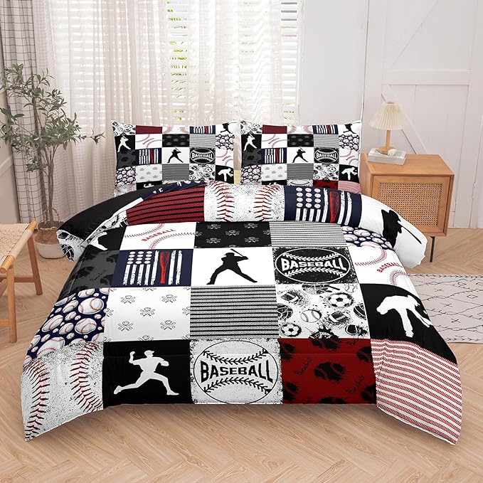 NINENINE 5PCS Baseball Bedding Full Size Comforter Sets for Boys, Sports Bedding Sets for Boys Baseball Comforter (1Comforter, 1Flat Sheet, 1Fitted Sheet, 2Pillowcases)