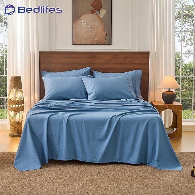 Bedlifes 100% French Pure Linen Sheets Queen Size Breathable and Cooling Flax Sheet Set Soft Durable and Moisture Wicking 16 Inch Deep Pocket-4 Piece(Queen,Flint Blue)