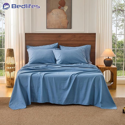Bedlifes 100% French Pure Linen Sheets Queen Size Breathable and Cooling Flax Sheet Set Soft Durable and Moisture Wicking 16 Inch Deep Pocket-4 Piece(Queen,Flint Blue)