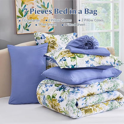 Luxudecor Floral Comforter Set Queen Size 7 Pieces Bed in a Bag, Blue Flower Watercolor Bed Set, Soft Comforter with Sheet Set 90"x90"