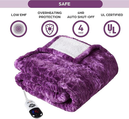 Codi Faux Fur Purple Heated Throw Blanket with Fuzzy Sherpa Back | 60 x 70 Oversized Electric Throws for Couch | 6 Heating Levels & 4 Time Settings with Auto Shut Off, 6ft Power Cord | Washable
