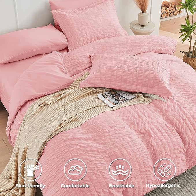 HYMOKEGE Rose Pink Full Size Comforter Sets Seersucker 7 Pieces, All Season Luxury Bed in a Bag for Bedroom, Bedding Set with Comforter, Sheets, Pillowcases & Shams