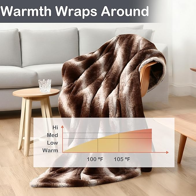 Electric Heated Blanket Throw Size 50"×60" with 4 Heating Levels & 4 Hours Auto Off, Heating Throw Plush Faux Fur, Energy Efficient, Machine Washable, Brown White