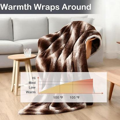 Electric Heated Blanket Throw Size 50"×60" with 4 Heating Levels & 4 Hours Auto Off, Heating Throw Plush Faux Fur, Energy Efficient, Machine Washable, Brown White