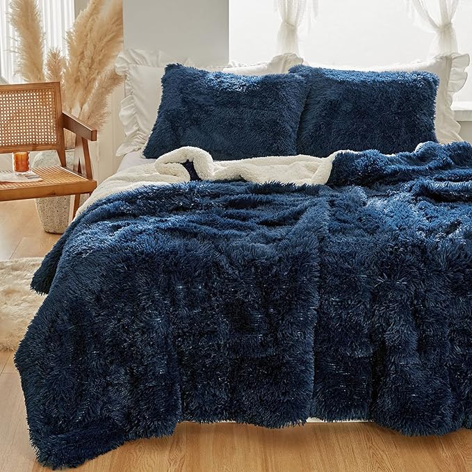 Joyreap 3-Piece Plush Shaggy Comforter Set, King Size Luxury Faux Fur Sherpa Reversible Bedding Comforter Set, Ultra Cozy Warm Fluffy Bedding Set for Winter (Navy, 100x88 inches)