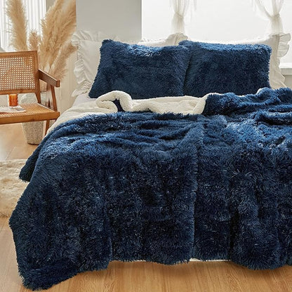 Joyreap 3-Piece Plush Shaggy Comforter Set, King Size Luxury Faux Fur Sherpa Reversible Bedding Comforter Set, Ultra Cozy Warm Fluffy Bedding Set for Winter (Navy, 100x88 inches)